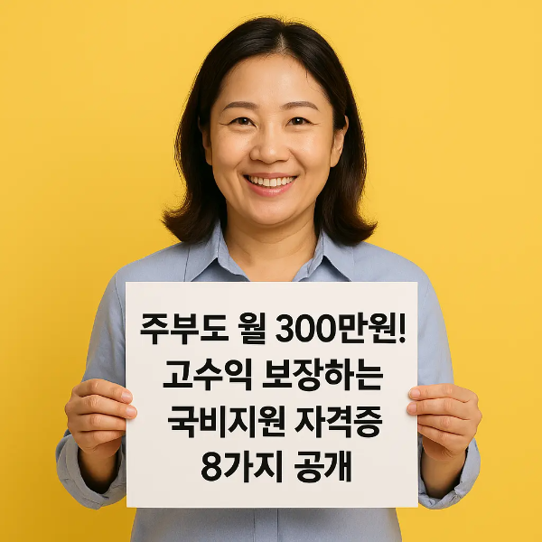 주부도 월 300만원 고수익 자격증 안내판을 들고 웃고 있는 중년 한국인 여성의 이미지