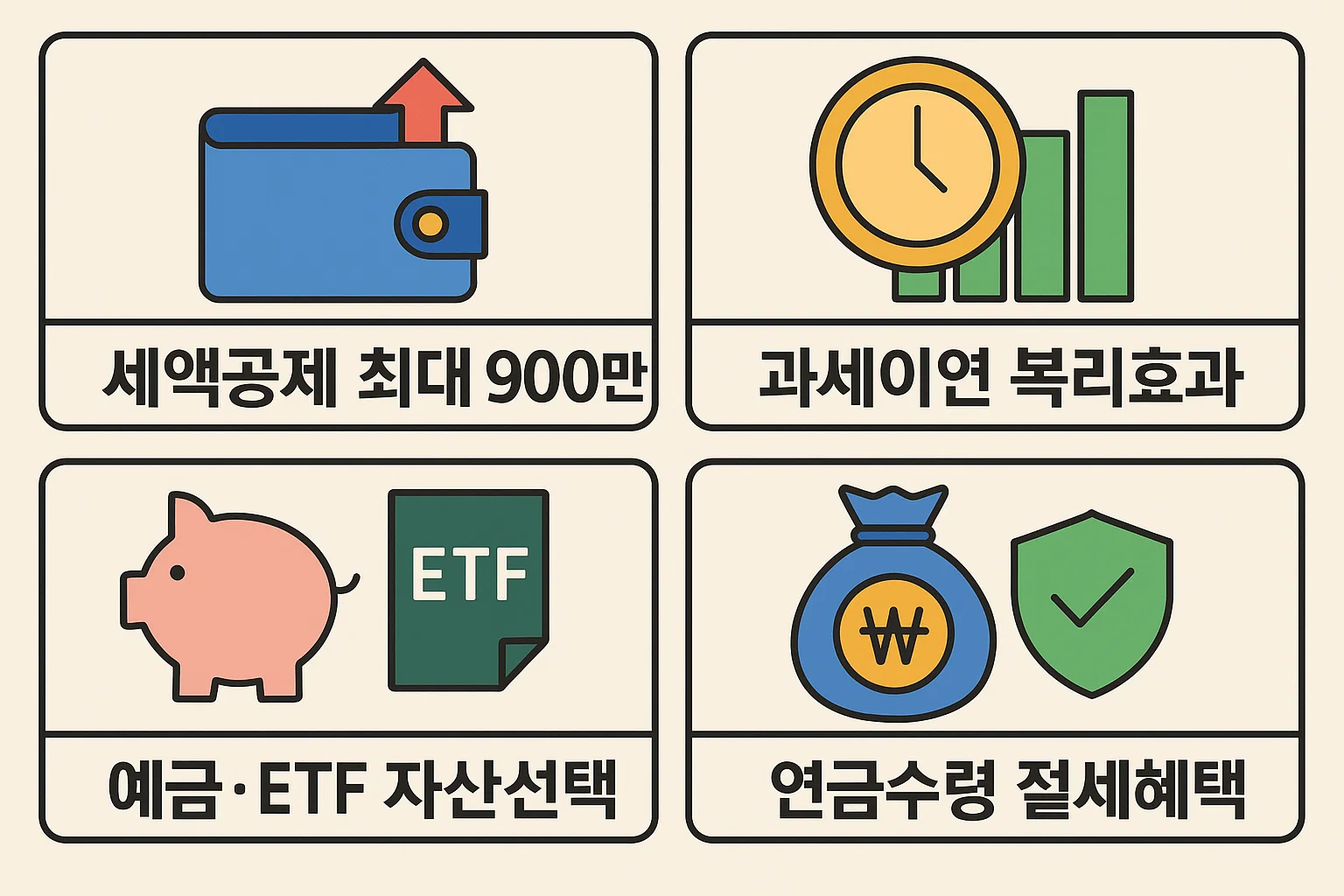 IRP 계좌의 세액공제 한도, 복리 효과, 자산 운용 선택(예금&middot;ETF), 연금 수령 시 절세 이점을 도식화한 시각 자료로 2025년 세금 절감 전략 이해에 도움을 줌.