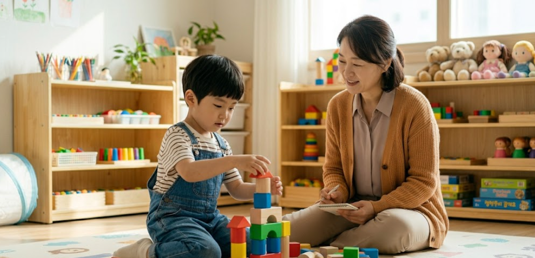 귀여운 아이가 상담사의 장난감을 보며 집중하는 모습