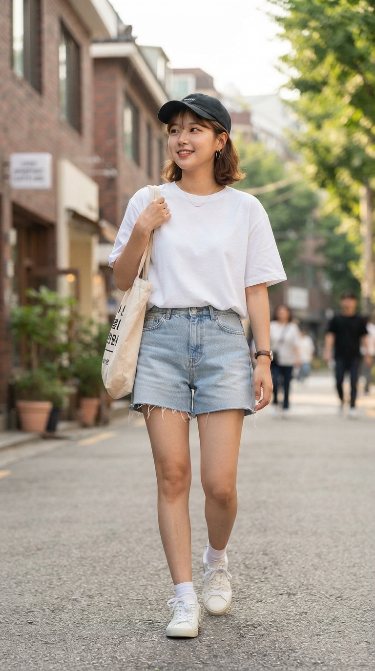 데일리룩으로 매치한 데님 쇼츠와 화이트 티셔츠 코디컷

내용: 데님 쇼츠에 화이트 티셔츠, 스니커즈만 더해도 완성되는 데일리룩이에요