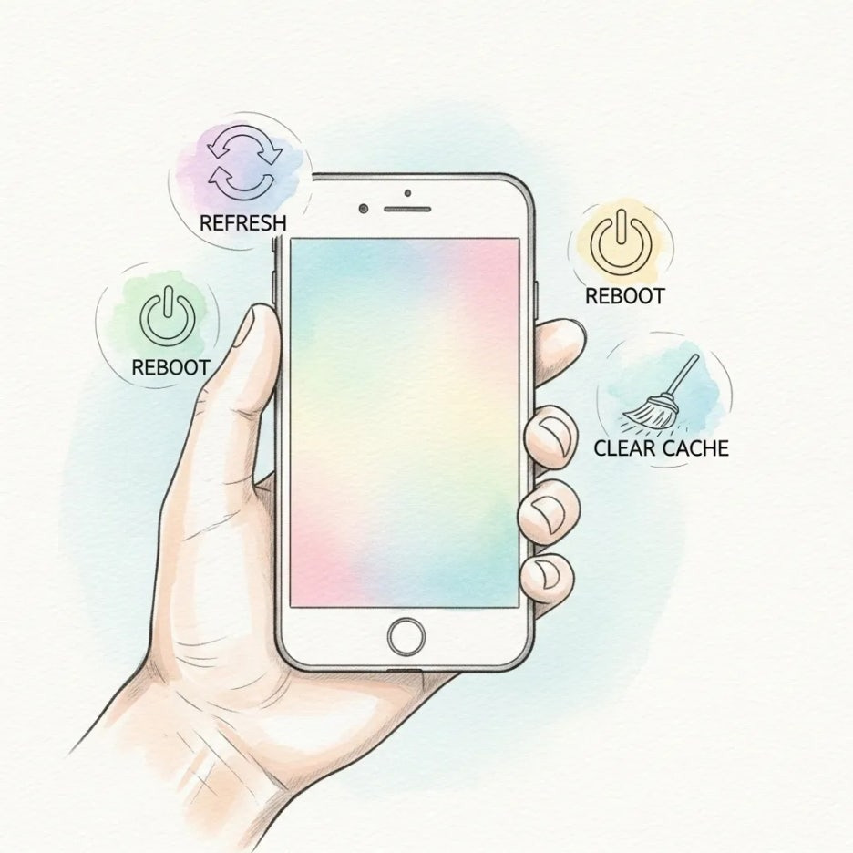 스마트폰으로 유튜브 오류 해결 방법을 시도하는 손