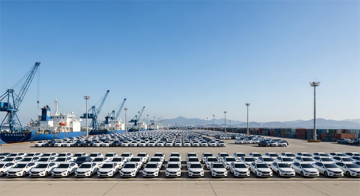 신차와 선박이 함께 보이는 자동차 수출 항만 물류 전경 