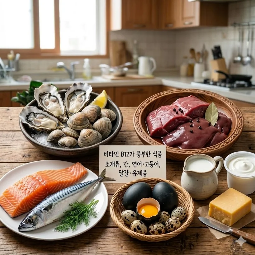 조개류, 소고기, 연어, 고등어, 달걀 등 비타민 B12가 풍부한 동물성 식품들
