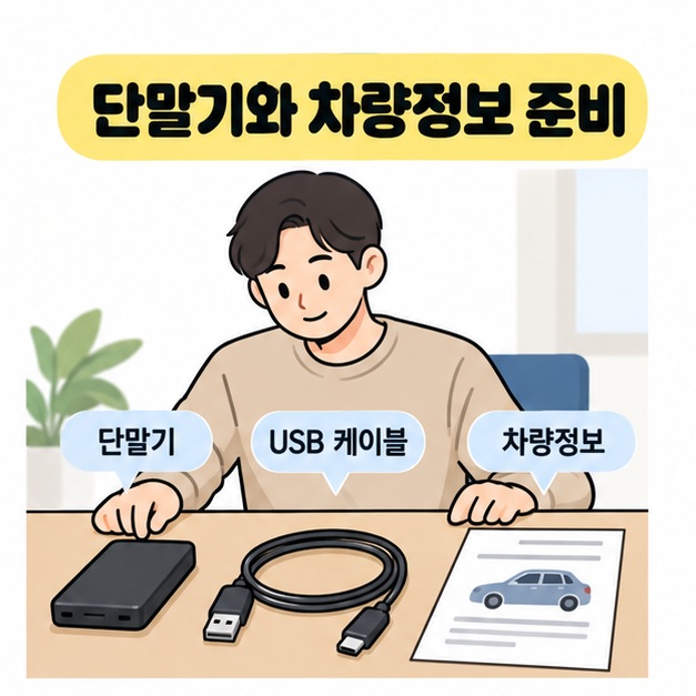 단말기와 USB 케이블, 자동차 그림이 있는 차량정보 안내지를 책상 위에 준비한 남성을 그린 그림