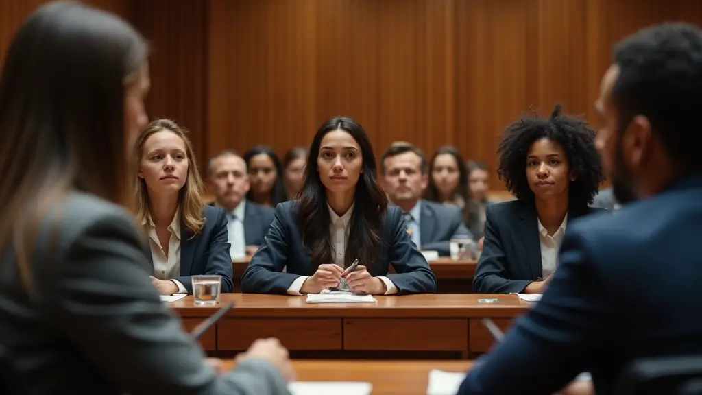 법정 내부에서 다양한 사람들이 법적 보호와 관련된 중요한 논의를 하고 있는 장면