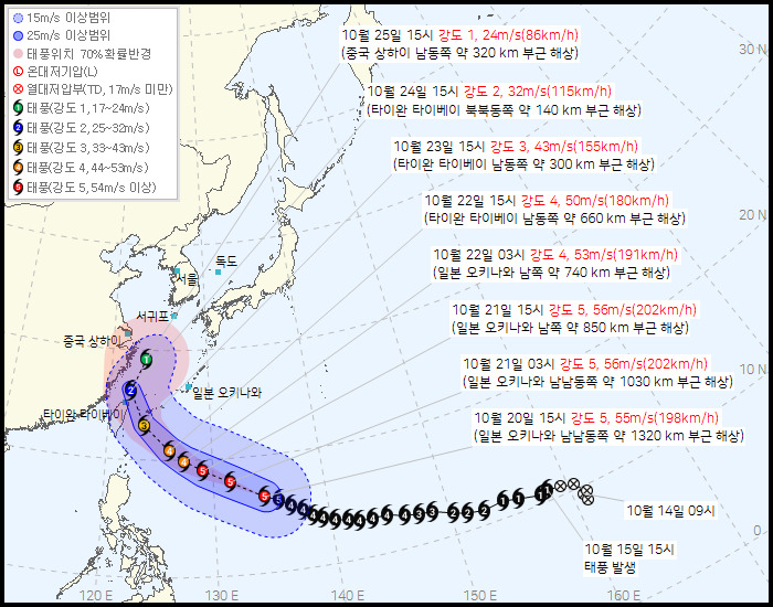 오키나와와 대만으로 접근하는 태풍 참피 예측 경로 지도