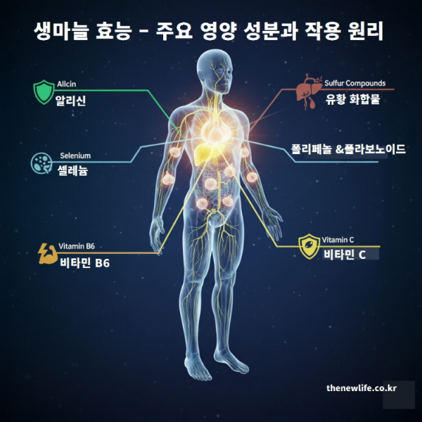 생마늘의 주요 영양 성분 알리신, 셀레늄, 비타민 B6, 비타민 C, 폴리페놀, 유황 화합물이 인체 내에서 면역 강화·항산화·혈류 개선 등 다양한 작용을 하는 원리를 시각적으로 표현한 이미지