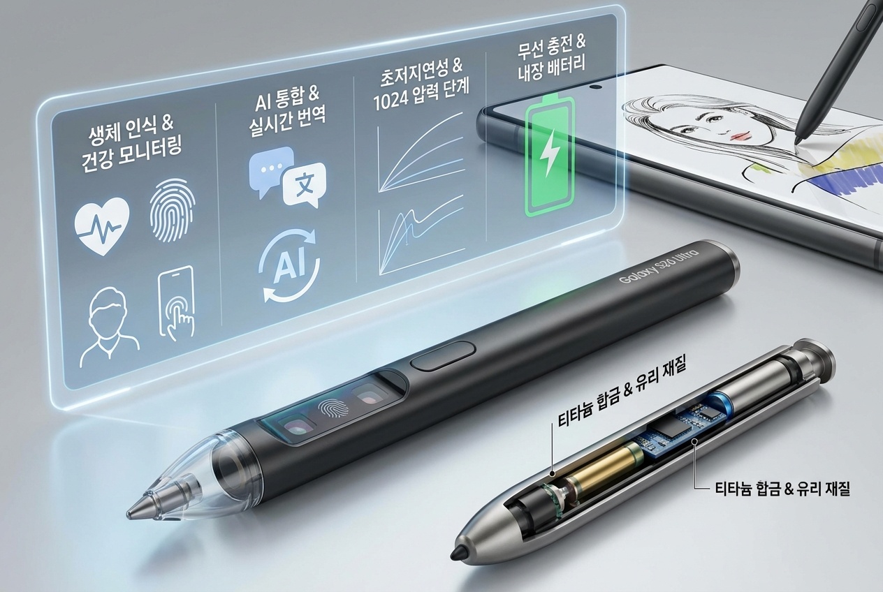 갤럭시 S26 울트라 S펜의 4096단계 필압과 IP68, 충전 없는 사용성을 보여주는 이미지