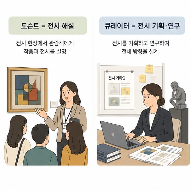 관람객에게 전시를 설명하는 도슨트와 전시를 기획하고 연구하는 큐레이터의 차이를 설명한 이미지