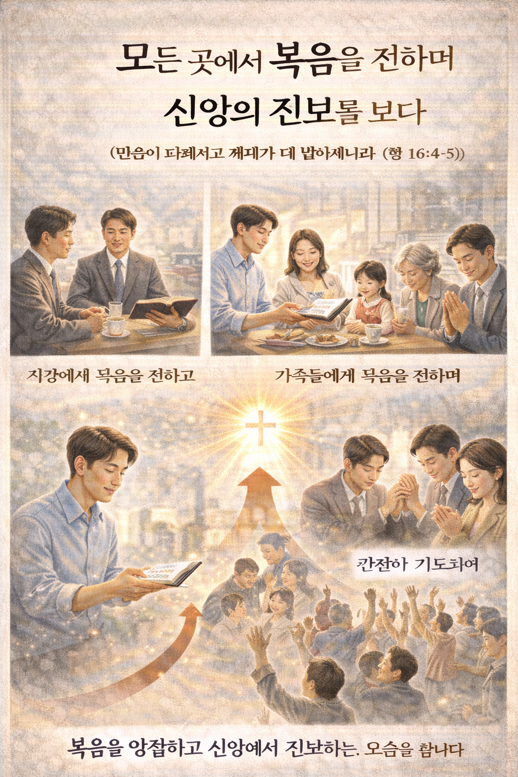 행16:4-5 말씀을 보며&amp;#44; 사도들이 가는 곳마다 말씀을 전하고 전도할 때마다 그들의 믿음이 더해지고 믿는 자가 늘어나는 것처럼&amp;#44; 저도 오늘 직장에서&amp;#44; 집에서 만나는 모든 사람들에게 주님의 복음을 전하는 사역을 지속하여&amp;#44; 그들이 영접하고 신앙에서 진보하는 모습을 보기 위해 간절히 기도하고 말씀 전하는 시도를 하는 모습입니다.