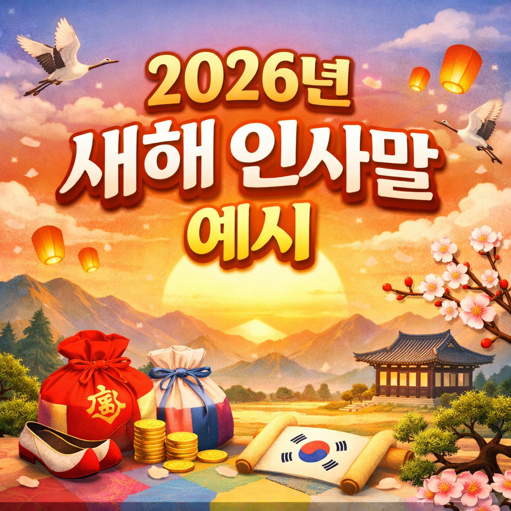 2026년 새해 인사말 예시 썸네일, 병오년 새해를 상징하는 전통 소품과 일출 배경 이미지