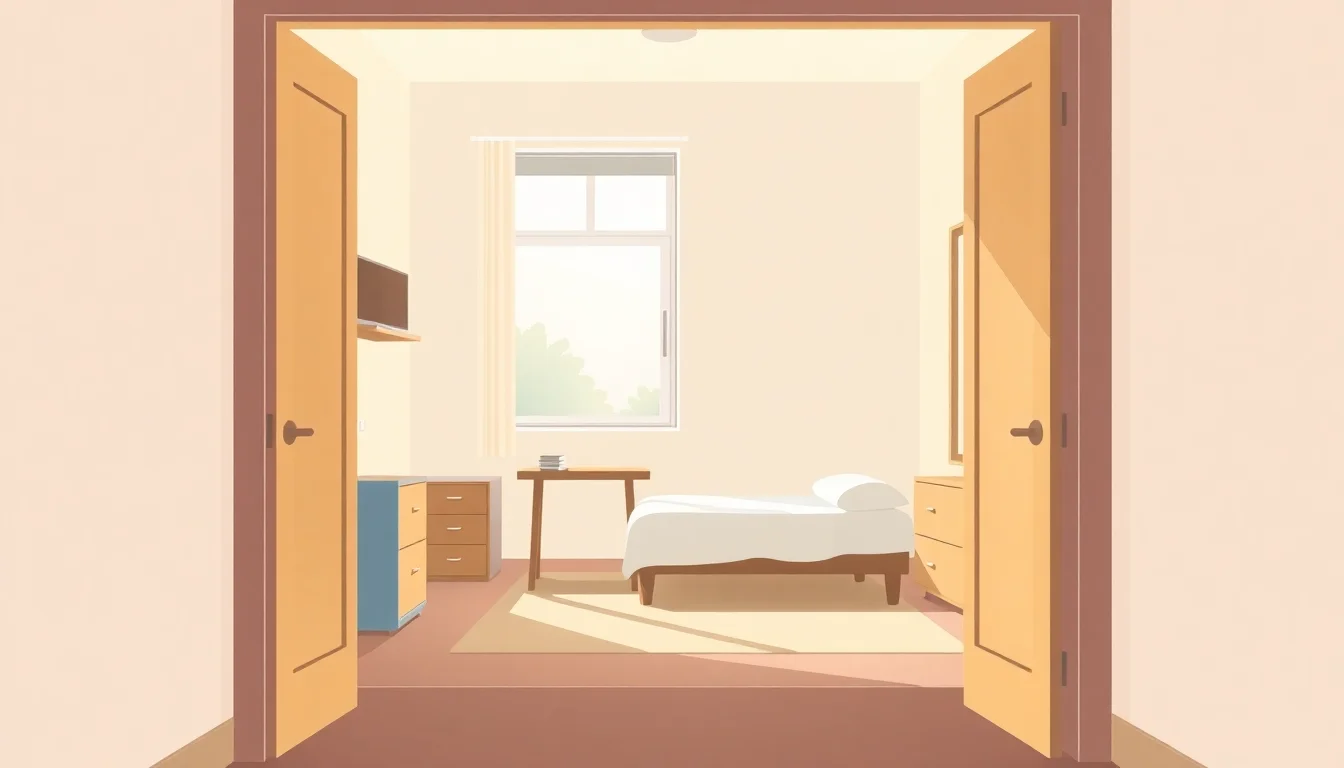 방 안의 침대, 책상, 서랍장, 창문과 문이 보인다.