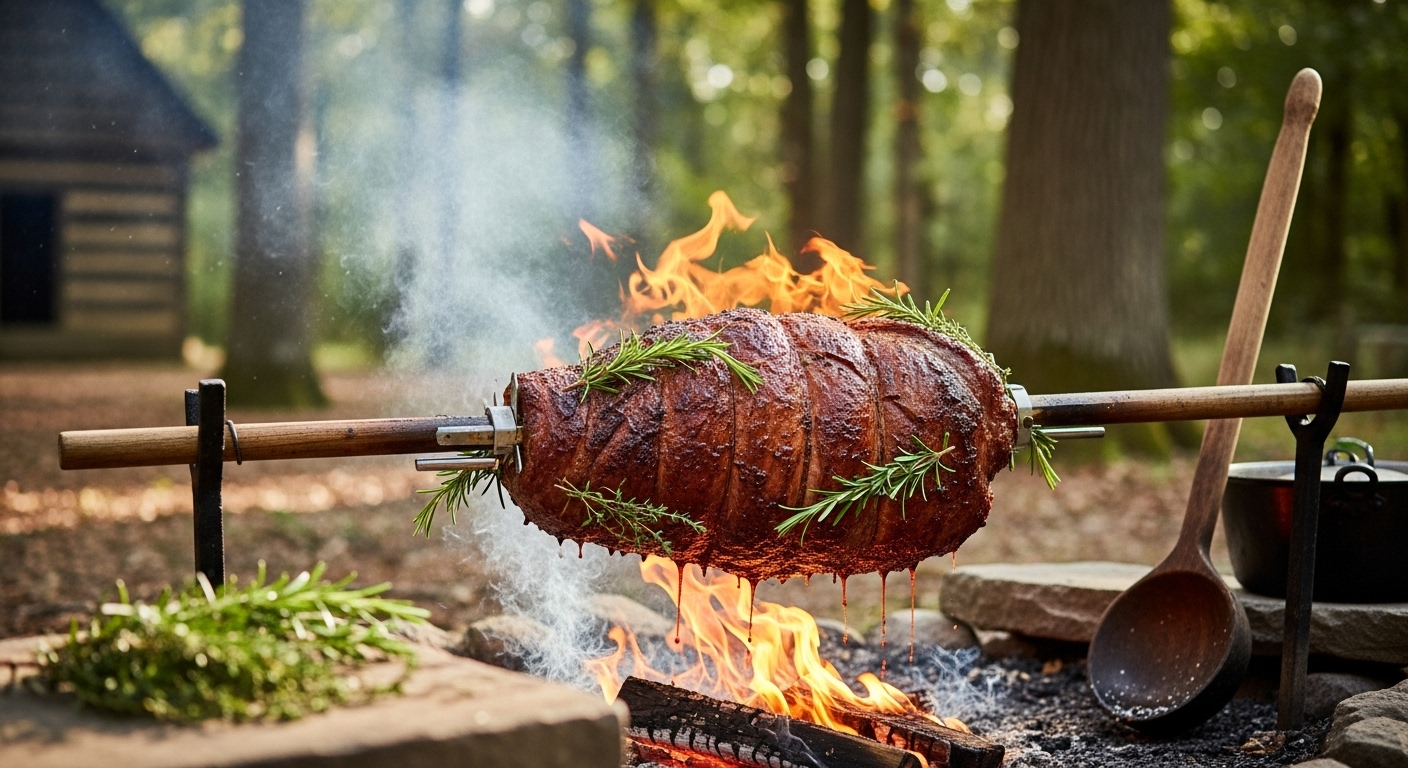 야외에서 허브를 곁들여 숯불에 구워지고 있는 사슴 고기 로스트. 당시의 조리법을 연상시키는 소박한 모습.
