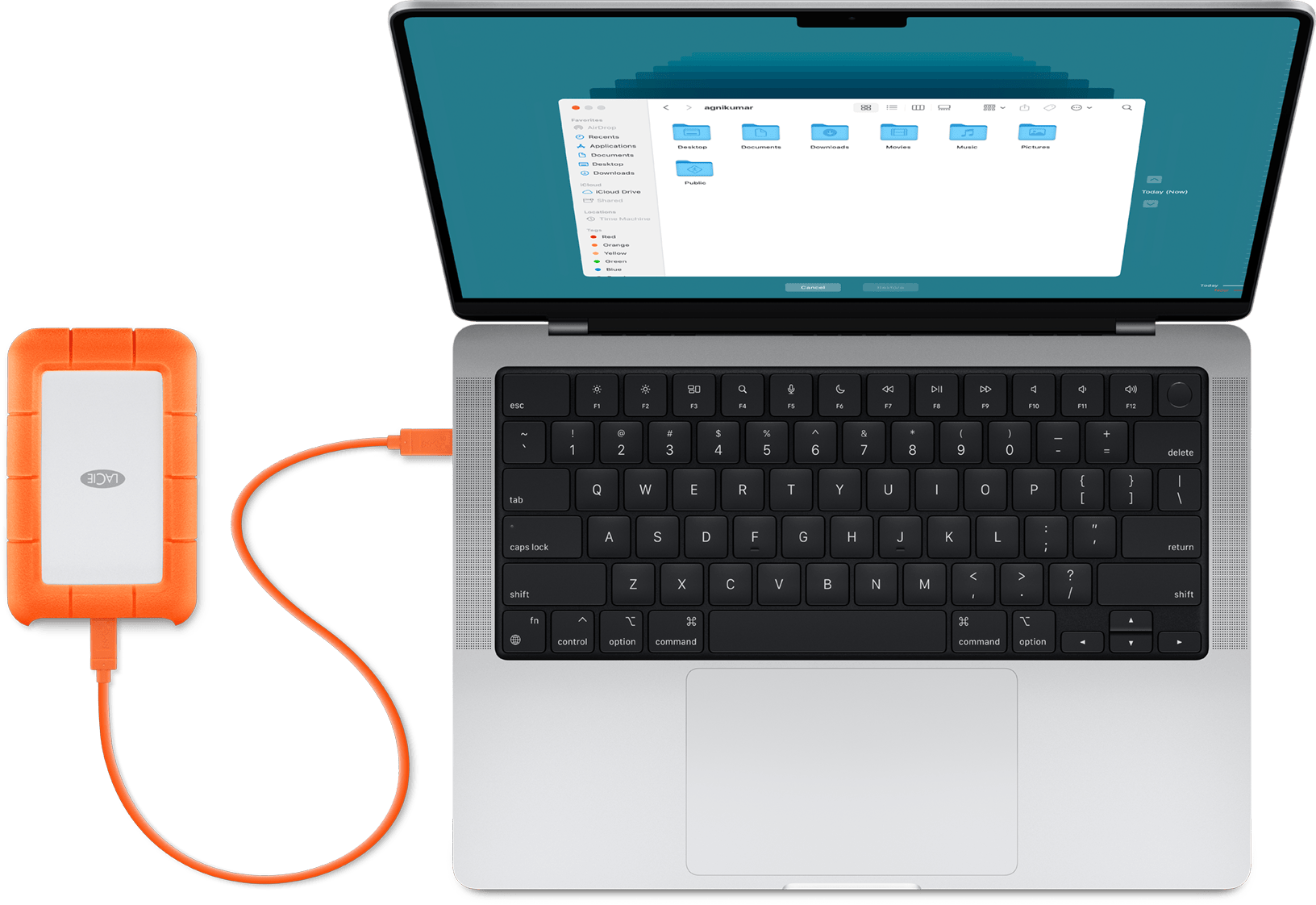 MacBook Pro와 주황색 외장 디스크가 케이블로 연결된 Apple 공식 Time Machine 예시