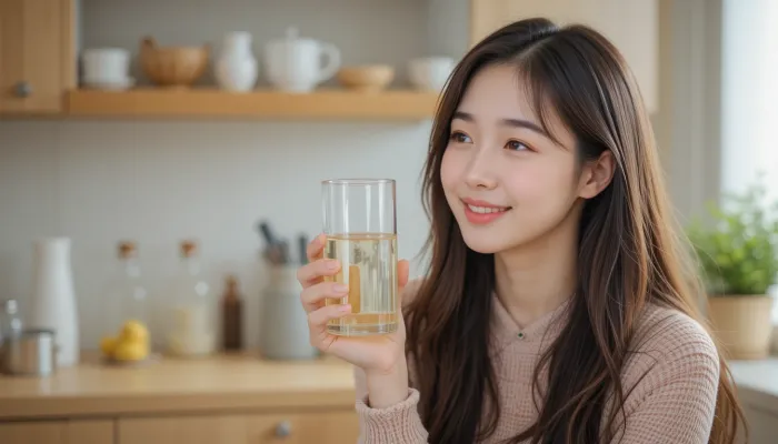 나이아신 효능을 기대하며 물과 함께 비타민을 복용하는 여성의 모습