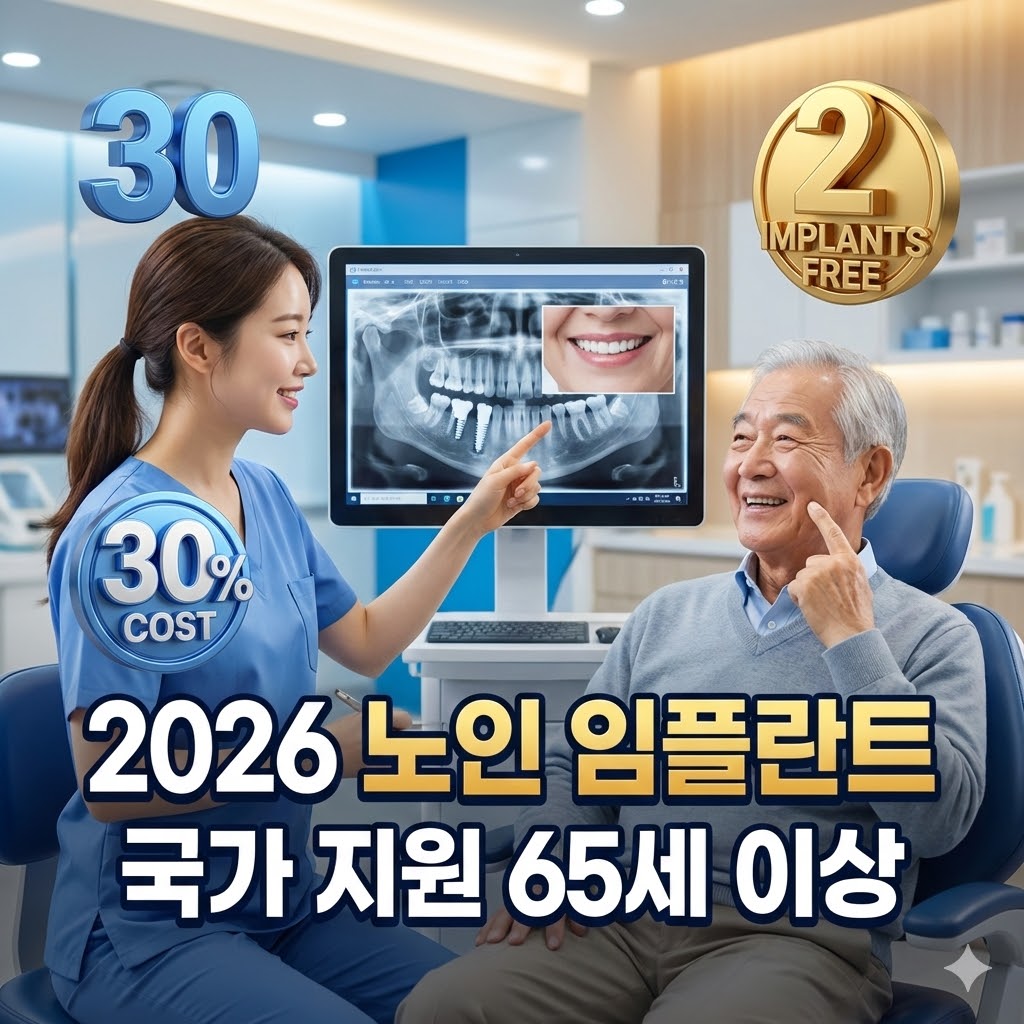 2026년 만 65세 이상 어르신을 위한 건강보험 임플란트 지원 혜택 요약. 본인부담금 30% 적용 가격 비교표와 평생 2개 지원 원칙 및 신청 절차 5단계 안내 이미지.