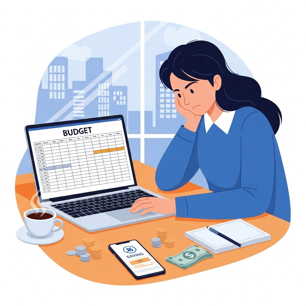 2025년 고물가 시대에 노트북으로 가계부를 정리하며 생활비를 절약하는 사람이 미소 짓는 모습