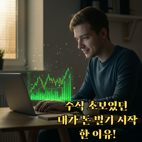 주식차트 보며 미소짓는 남자 이미지