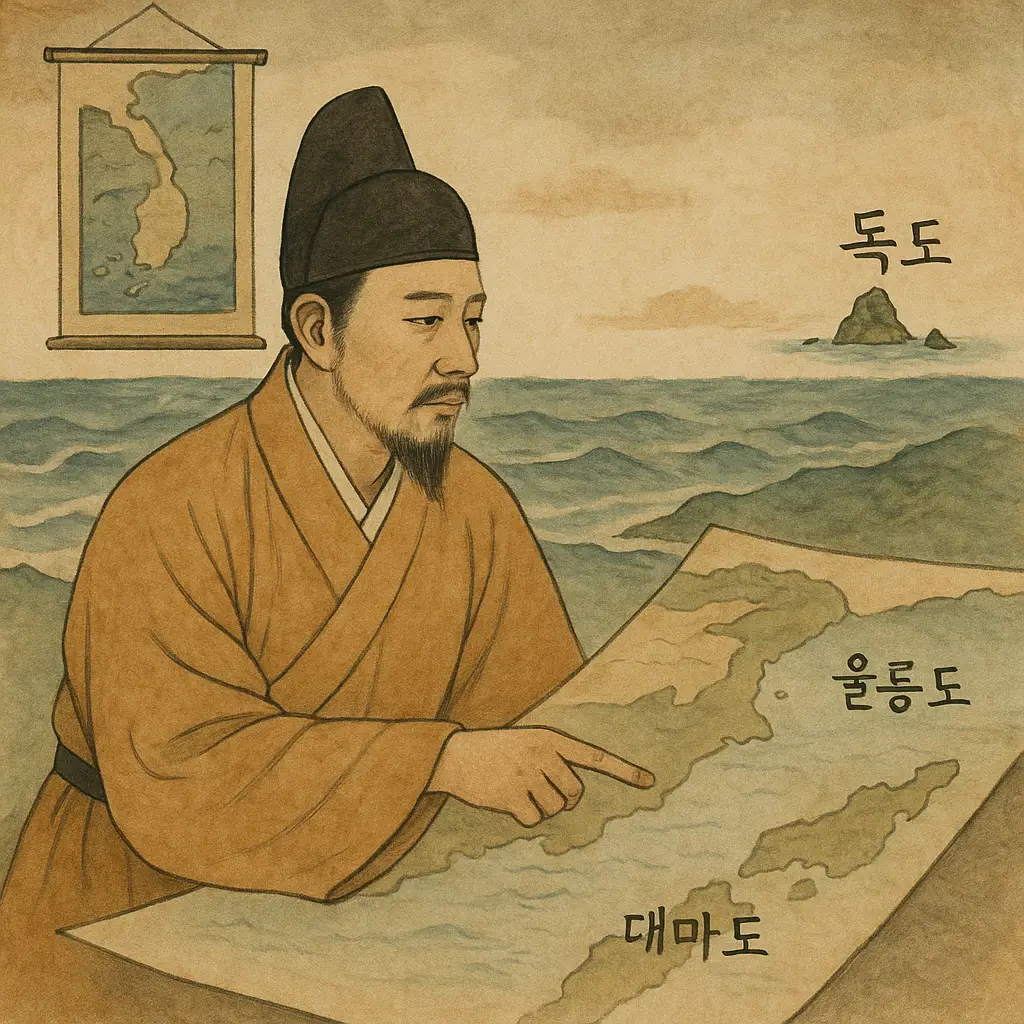 조선시대 관리가 지도를 가리키며 독도·울릉도·대마도를 설명하는 전통 회화풍 일러스트