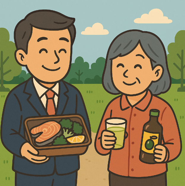 정장을 입은 중년 남성과 캐주얼 복장의 중년 여성이 공원에서 건강한 식품을 들고 있는 모습. 남성은 연어, 채소, 고구마 등이 담긴 도시락을 들고 있고, 여성은 녹즙과 올리브오일 병을 들고 있음.