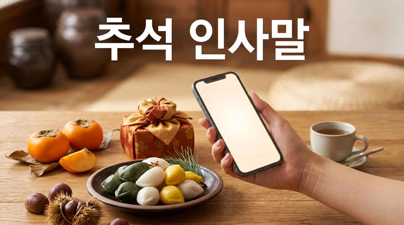 추석 인사말을 보내는 휴대폰과 송편이 놓인 한가위 상차림 사진