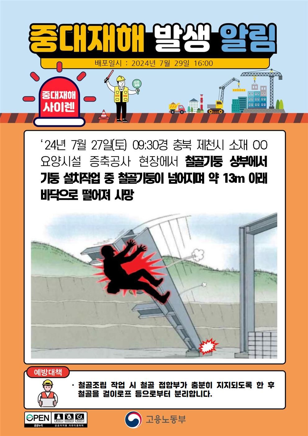 기둥 설치 작업 중 철골기둥이 넘어지며 떨어짐(13m)