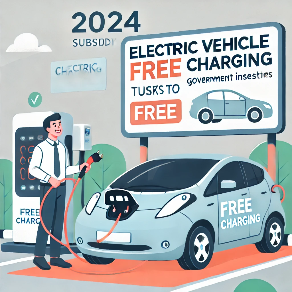 2024년 보조금 프로그램으로 무료 충전을 받는 전기차 소유자가 보이는 장면. 전기차가 충전소에 주차되어 있고, 정부 인센티브 덕분에 충전이 무료임을 알리는 표지판이 보인다.