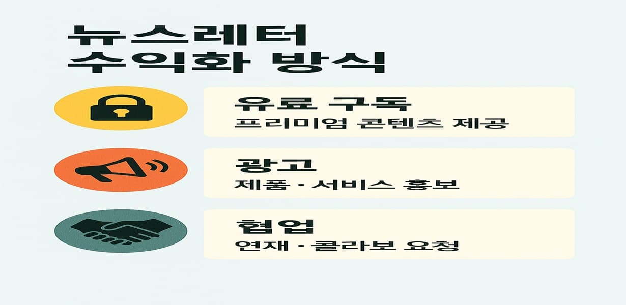 뉴스레터 수익화 방식 – 유료 구독, 광고, 협업의 3가지 전략을 설명한 인포그래픽