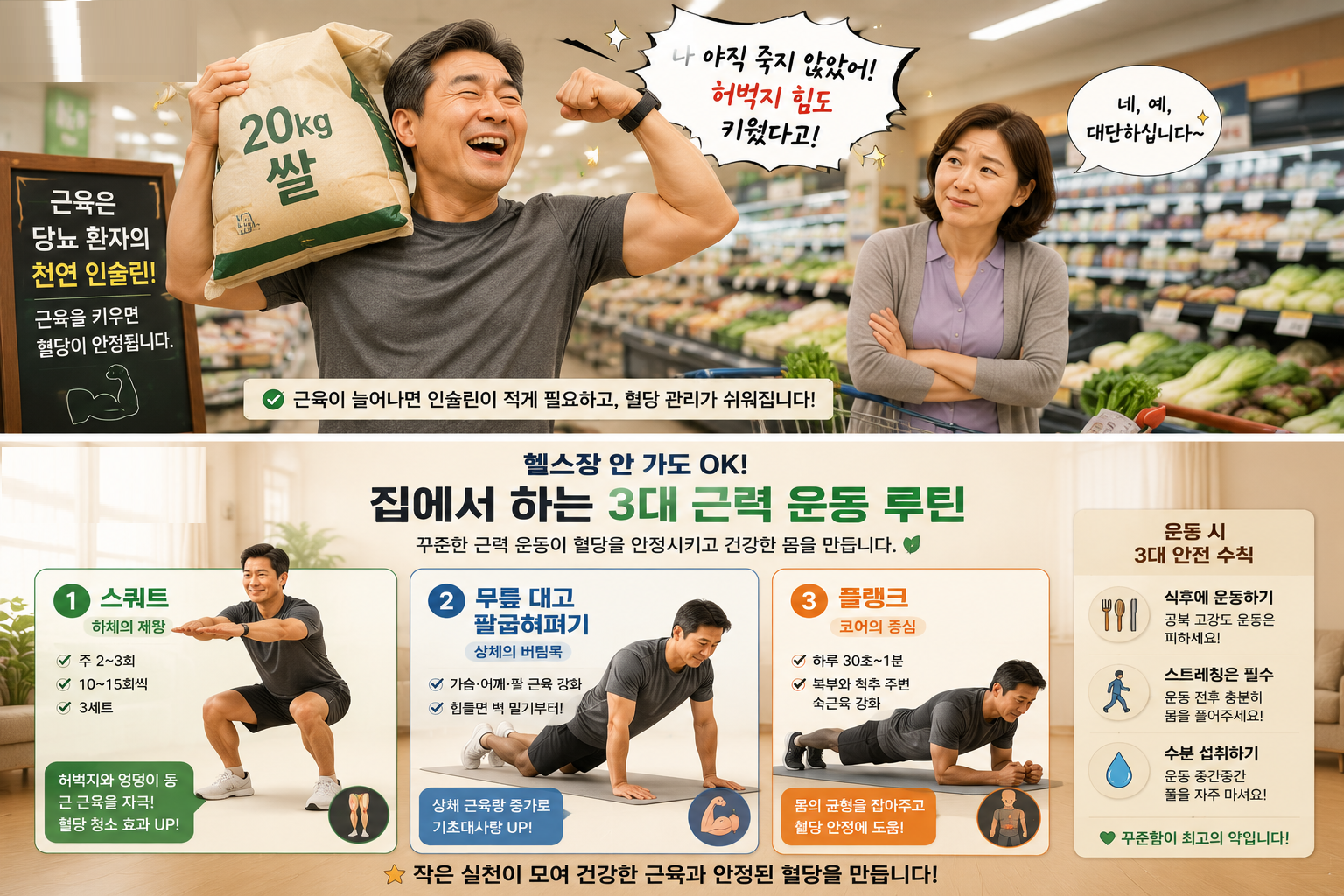 집에서 스쿼트와 무릎 대고 팔굽혀펴기, 플랭크를 하는 중년 남성의 모습. 당뇨 환자를 위한 안전한 근력 운동 루틴을 설명하는 이미지