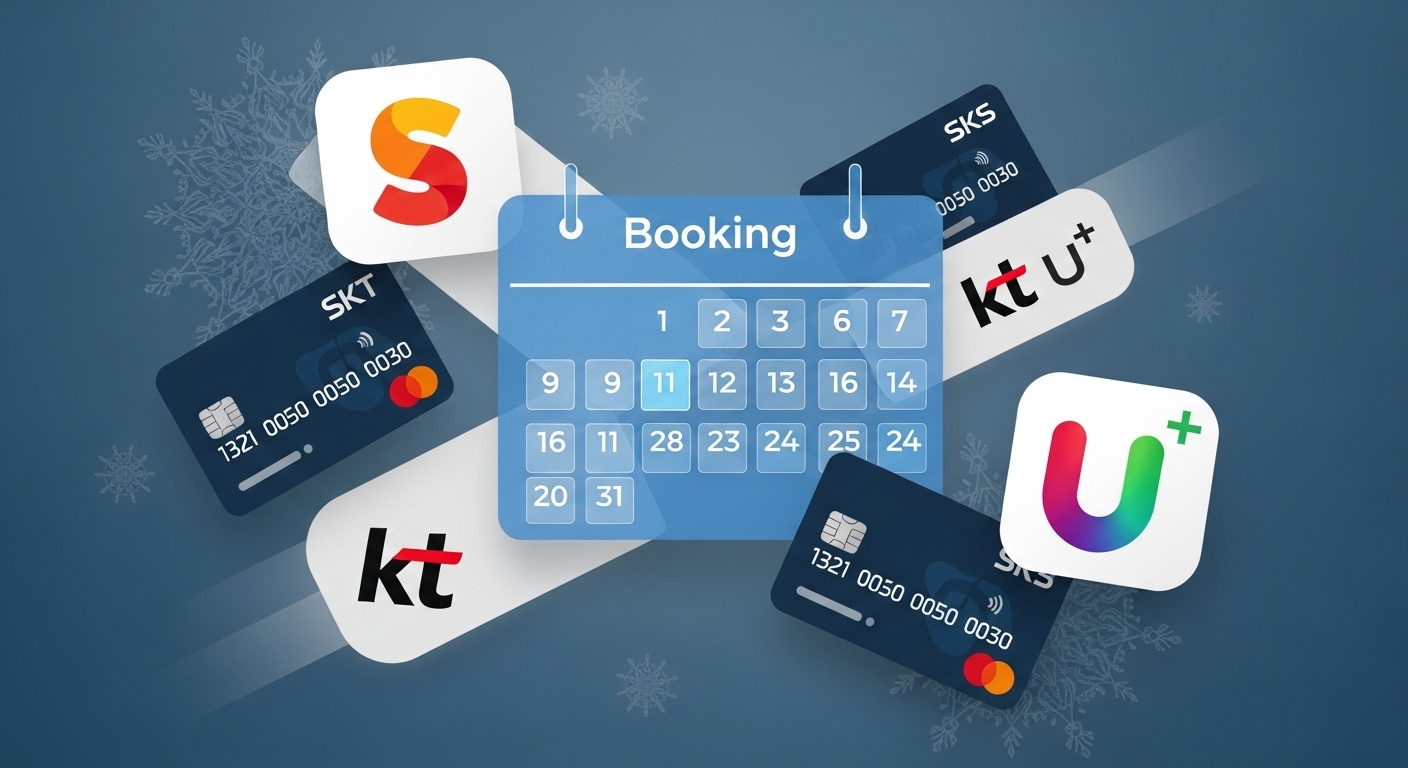 신용카드와 통신사 로고가 보이는 다양한 결제 수단이 예약 달력과 겹쳐진 모습