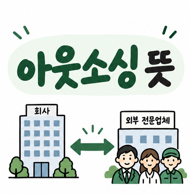회사 건물과 외부 전문업체, 연결 화살표 아이콘 옆에 아웃소싱 뜻이라는 제목이 크게 적힌 대표 썸네일