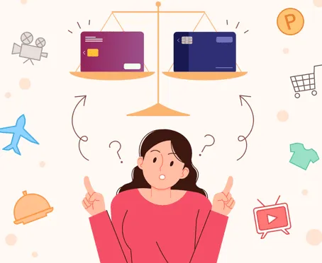 카드 2가지 중, 선택을 고민하는 여성