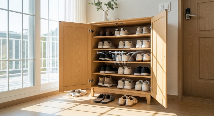 발 위생을 위해 환기된 실내 신발장