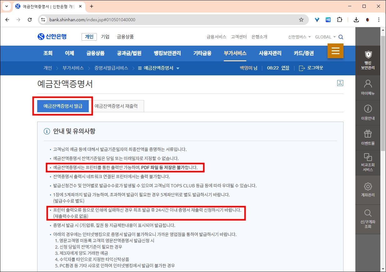 신한은행 예금잔액증명서 인터넷 발급 안내 화면