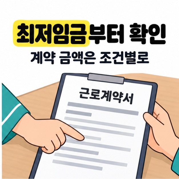 최저임금부터 확인과 계약 금액은 조건별로라는 문구 아래 근로계약서를 든 손과 계약 내용을 가리키는 손이 보인다.