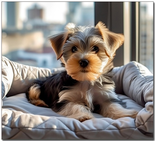 침대위에 요크셔테리어