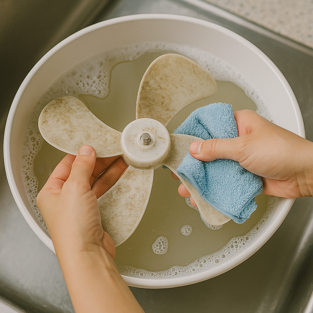 플라스틱 선풍기 날개를 물에 담가 천으로 닦는 모습