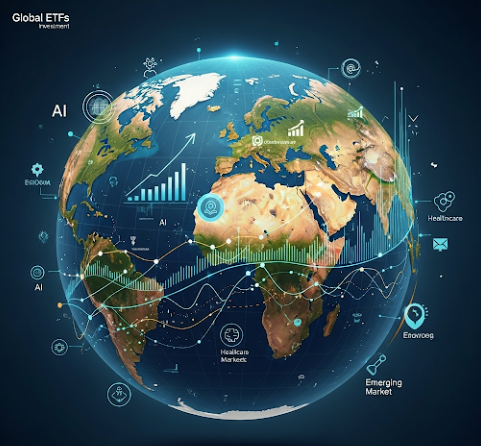 지구 모양의 구체와 그 주변에 AI, 헬스케어, 신흥국 등 다양한 성장 테마를 상징하는 그래프와 아이콘이 그려진 이미지. 글로벌 ETF의 분산 투자와 트렌드를 상징