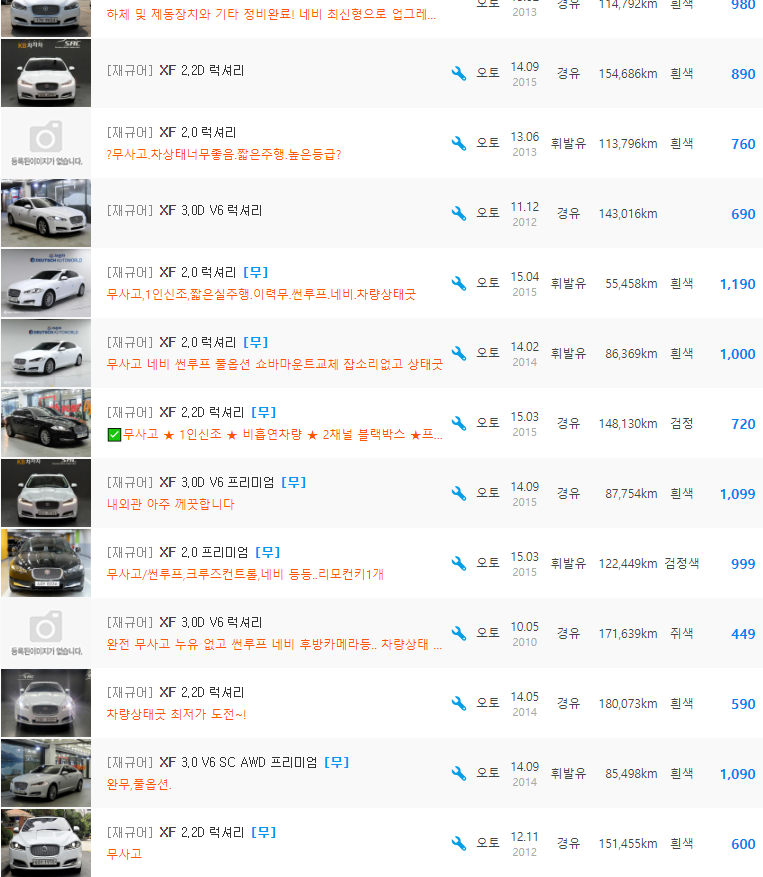 재규어 New XF 등급 중고차 가격 : 449만원 ~ 1,430만원