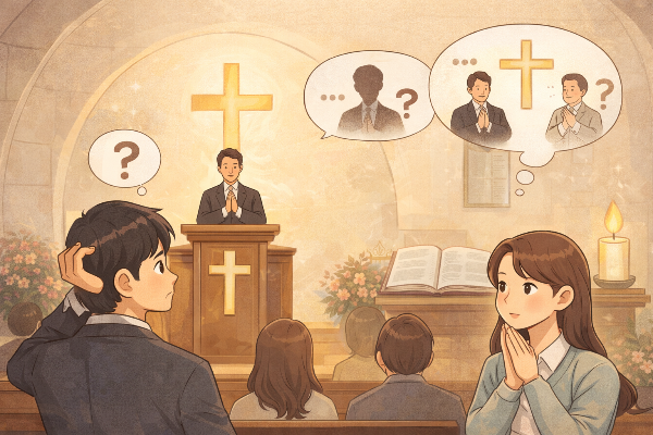 교회 안에서 한 신자가 머리를 숙이고 대표기도를 드리는 장면. 따뜻한 빛이 비추는 고요한 예배 공간에서 기도의 진지함과 경건함이 느껴지는 분위기.