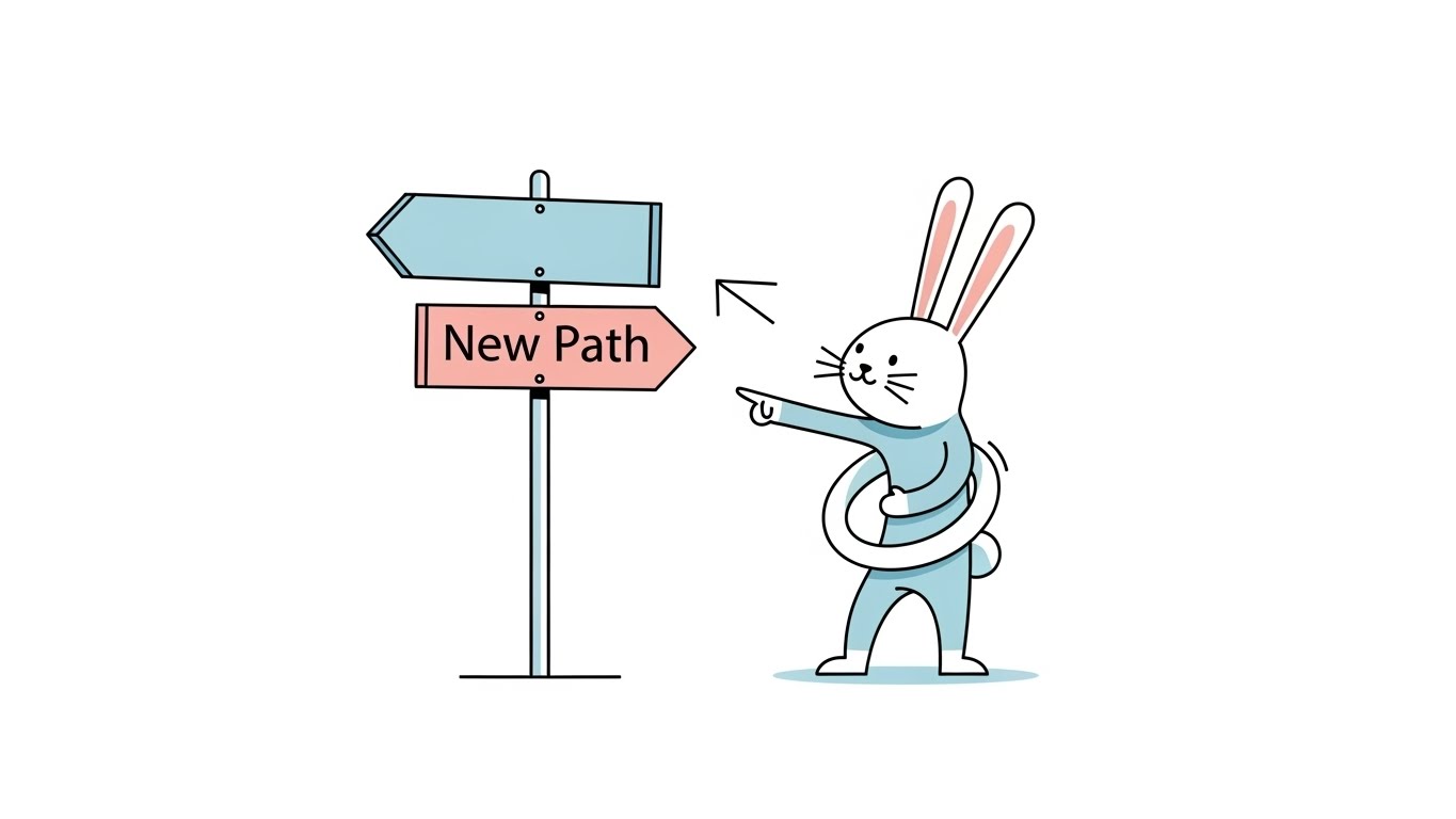갈림길에서 유연하게 방향을 바꾸며 새로운 환경에 적응하는 토끼 캐릭터 일러스트