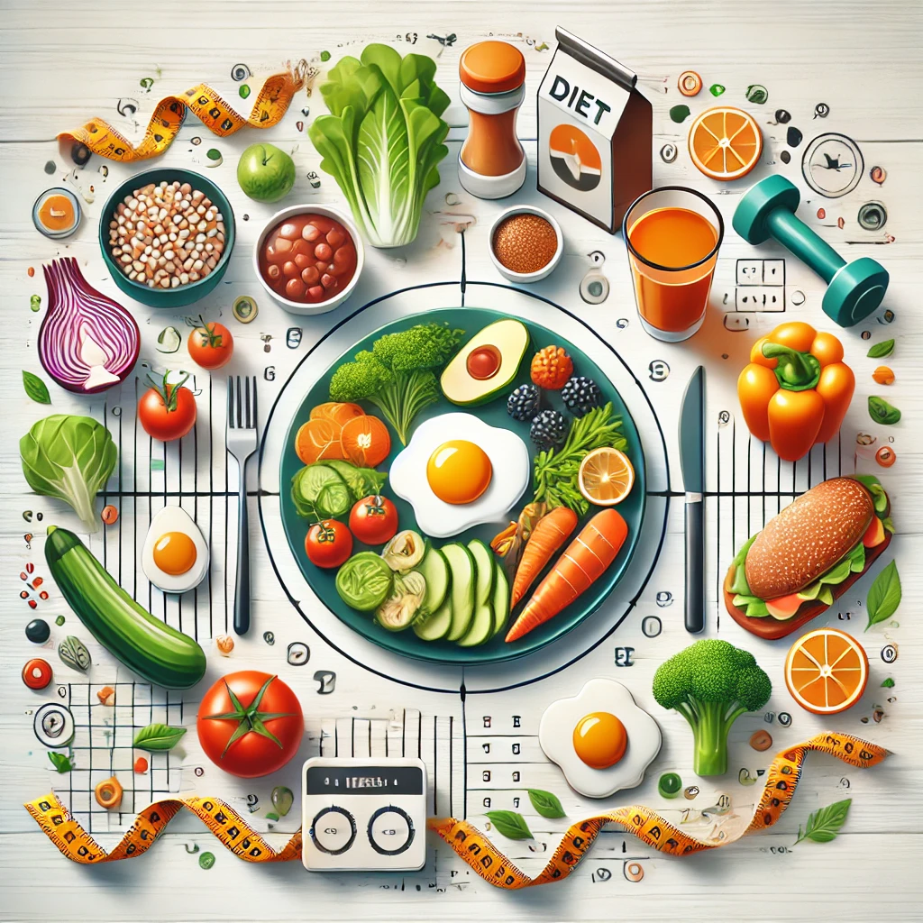 강한 다이어트 식단 관련 이미지,
균형 잡힌 식단(신선한 채소, 단백질, 통곡물, 건강한 지방)을 시각적으로 표현한 영양 & 피트니스 테마의 일러스트