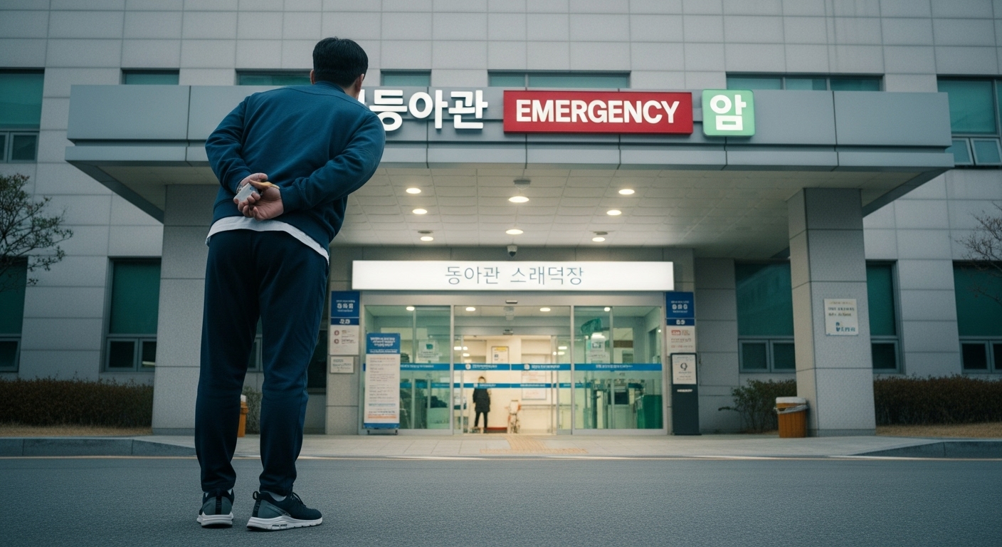 병원 응급실 입구를 바라보는 사람의 뒷모습
