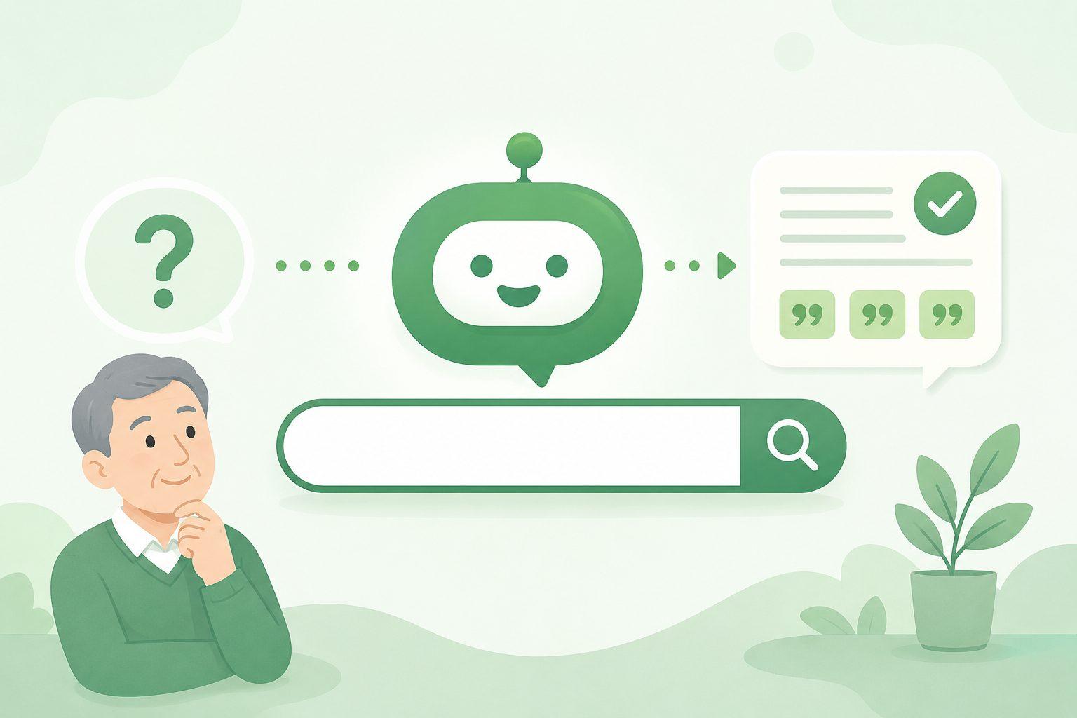 검색창과 AI 말풍선, 출처 표시 아이콘으로 구성된 Perplexity AI 사용법 안내 이미지