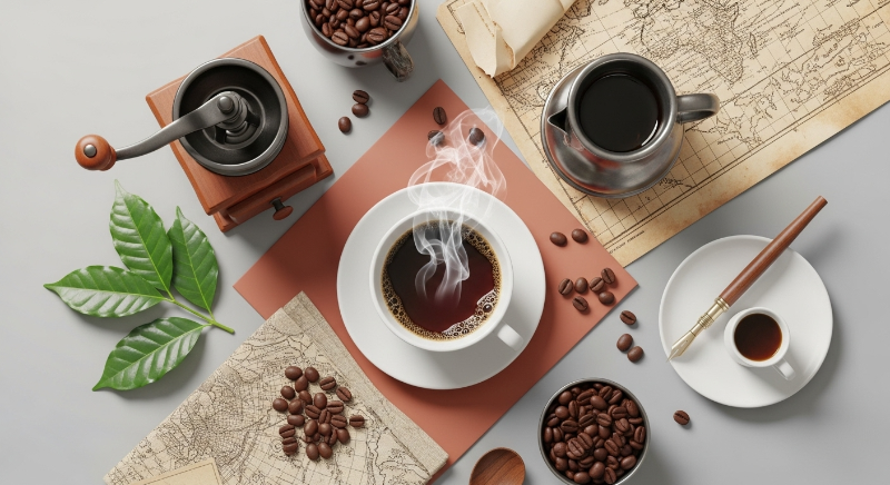 따뜻한 색감의 평면 구도로 찍은 커피와 원두, 그라인더, 역사적 요소를 담은 이미지. 커피의 역사와 다양한 측면을 탐험하는 여정을 시각적으로 표현.