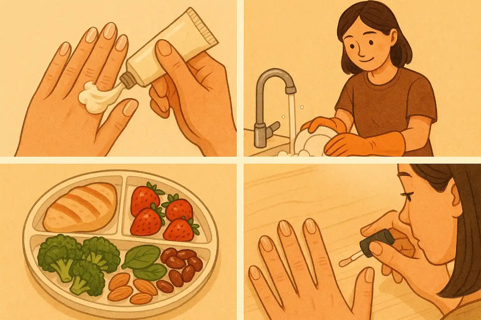 손톱에 핸드크림을 바르는 장면, 고무장갑 끼고 설거지하는 모습, 단백질, 과일, 채소, 견과류가 담긴 건강한 식판, 리지 필러 베이스코트를 바르는 네일 장면