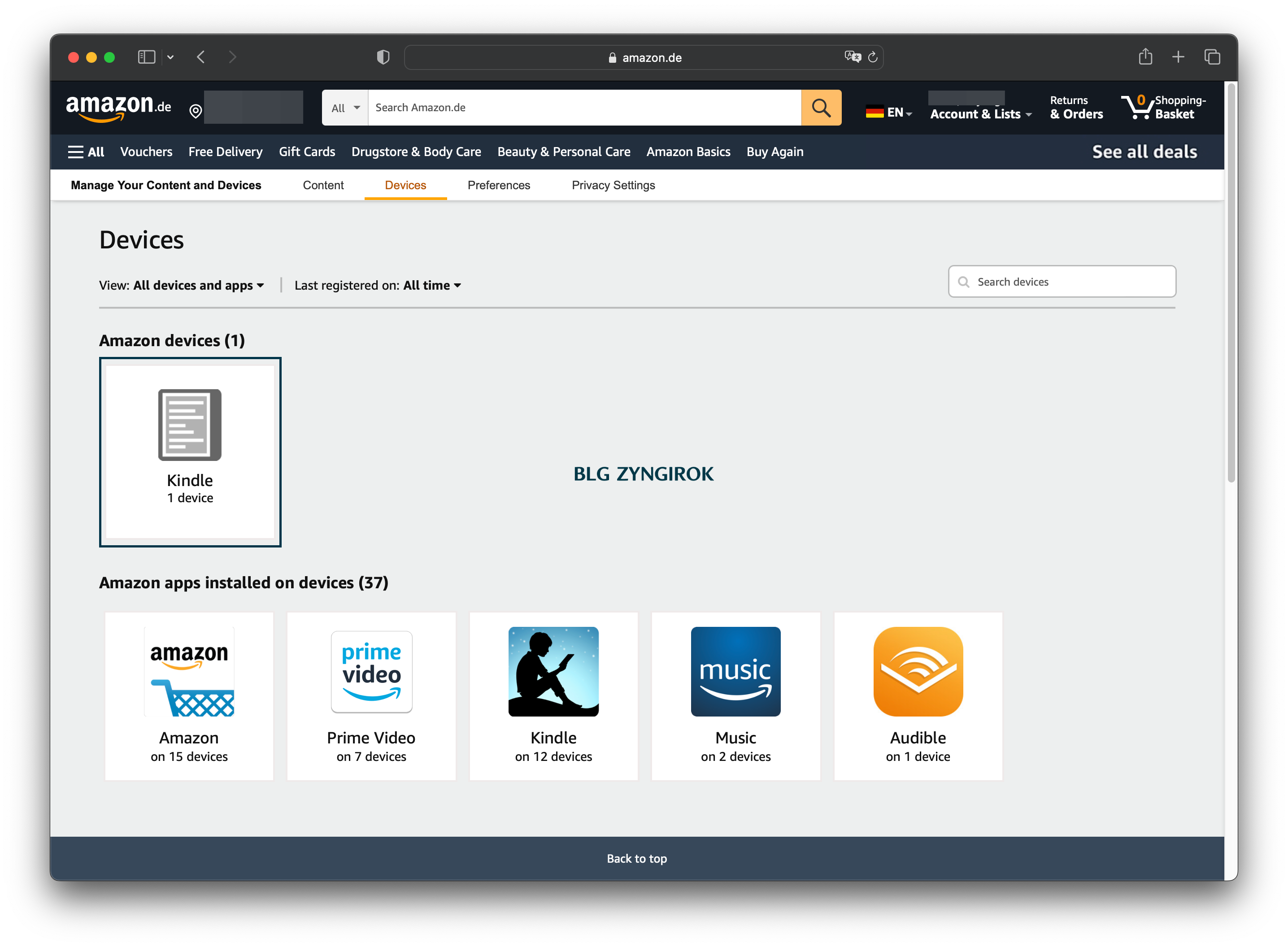 Devices 페이지 모습이다. Kindle 아이콘이 하나 있다.