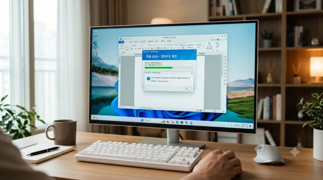 한글 프로그램의 버전 정보와 업데이트를 확인하는 Windows PC 화면