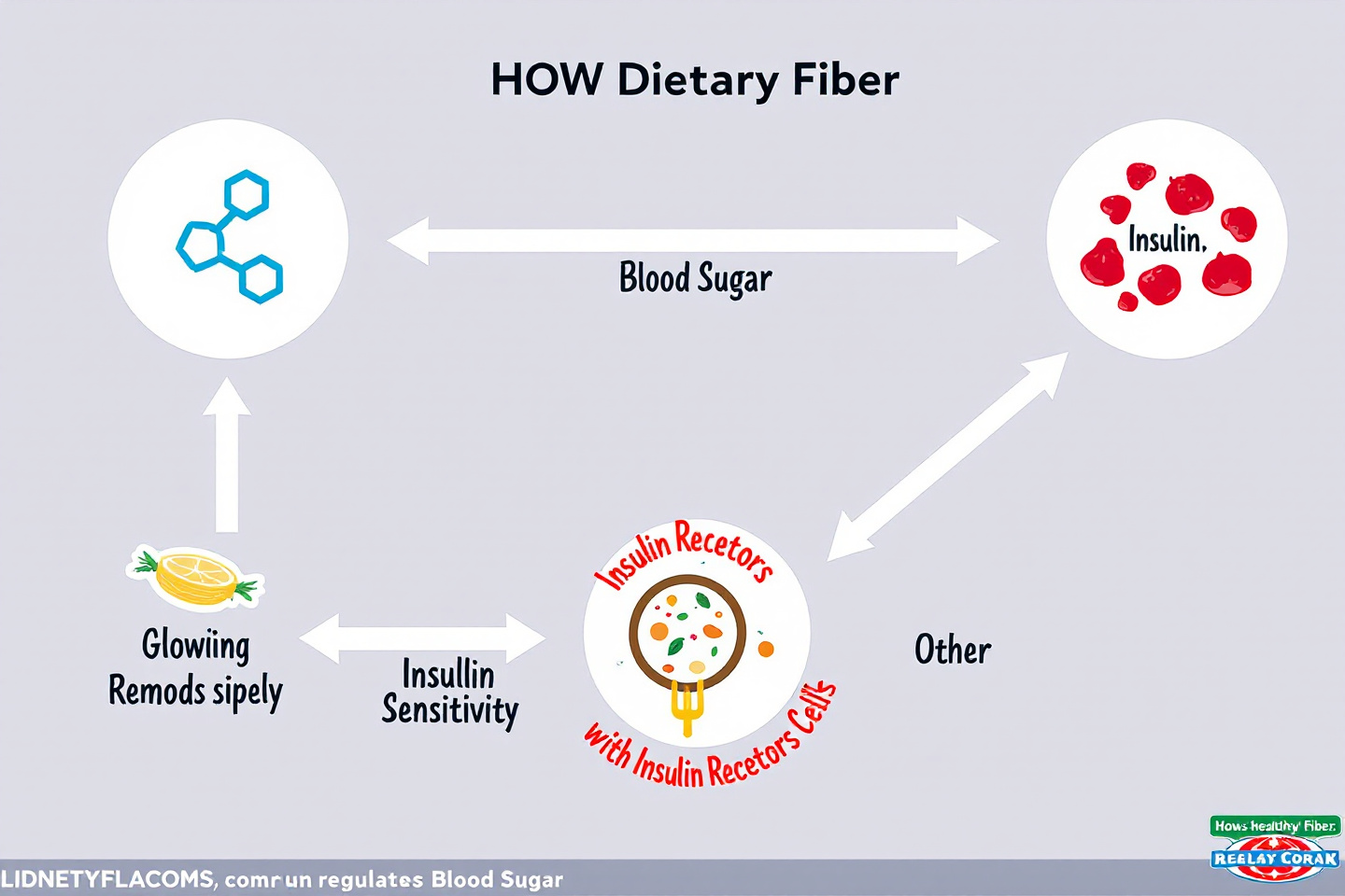 📌 (그림 1 삽입) 프롬프트: "식이섬유가 혈당을 조절하는 원리를 설명하는 다이어그램: 혈당 상승 속도 조절, 인슐린 감수성 개선 등 포함"