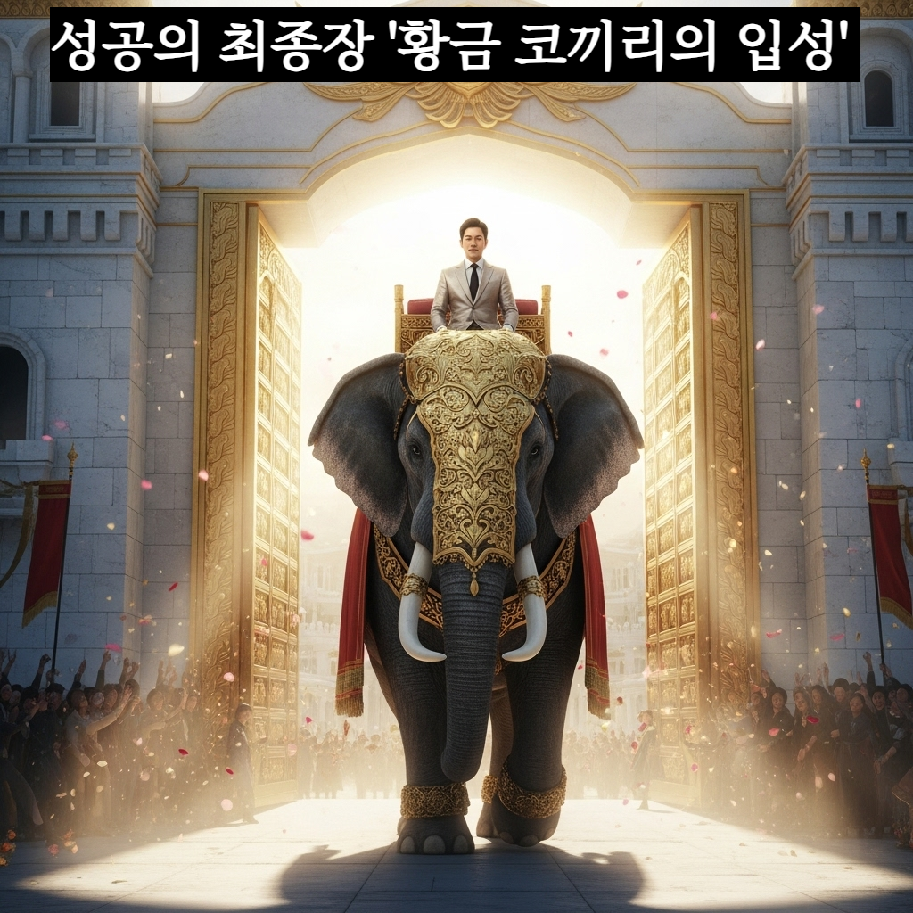 황금 장식으로 화려하게 치장된 거대한 코끼리 등에 탄 한국인 리더가 수많은 사람의 환호를 받으며 보석으로 장식된 성문 안으로 당당하게 들어가는 장엄한 분위기의 일러스트